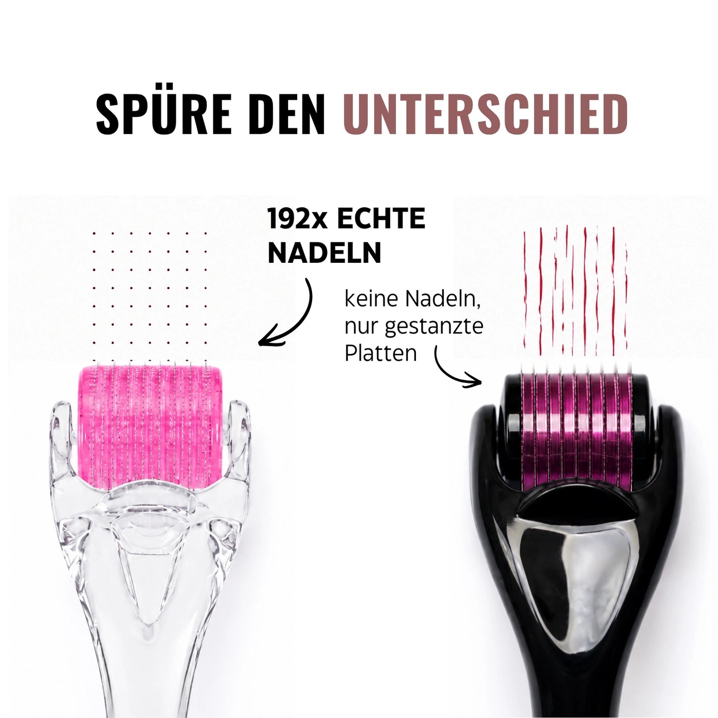 Microneedling Dermaroller mit 192 echten, einzeln eingesetzten Nadeln im Vergleich zu gestanzten Scheiben